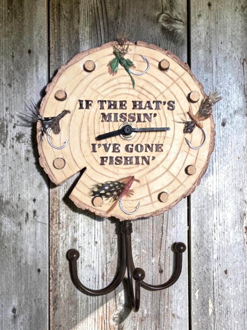 Funny Fishing Themed Wall Clock with Lures and Hat Hook